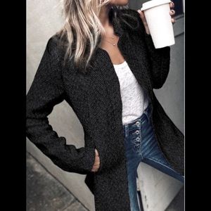 Stylish Black Coat Tweed Long Sleeve Pockets Lined Trench Style Coat